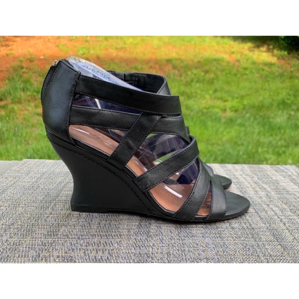Elizabeth and James | Peep-toe Black Strap Wedges